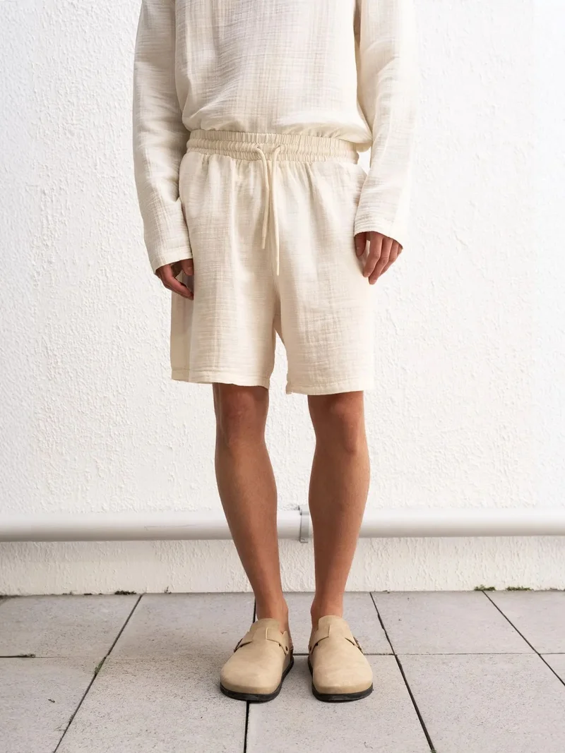 جيستو GIESTO High Waist Textured Cotton Drawstring Shorts